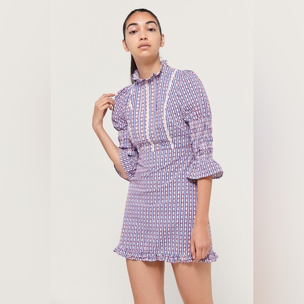 Laura Ashley UO Maisy Mock Neck Mini Dress Blue Floral Small